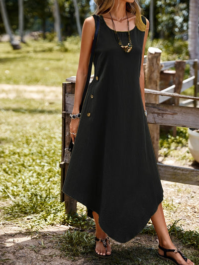 Asymmetrisch Ärmelloses A-Linien Kleid mit Knopfdekor, Elegantes Maxikleid