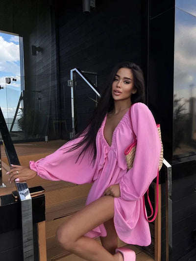 Alina – Boho-Minikleid mit langen Ärmeln und V-Ausschnitt