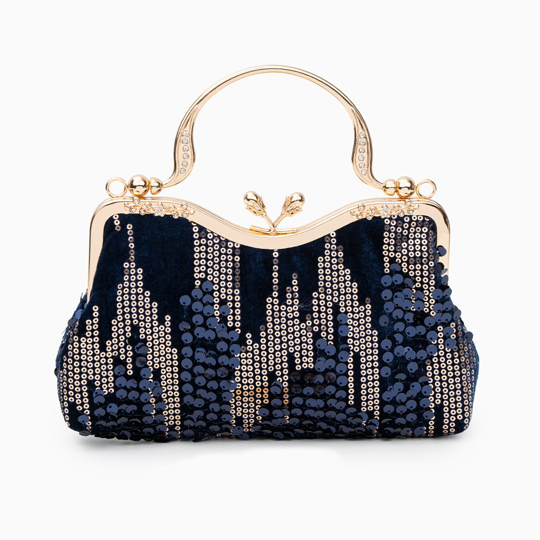Alyannah | Navyblaue Samt-Clutch mit goldenen Pailletten & verziertem Griff – Elegante Abendtasche für Damen