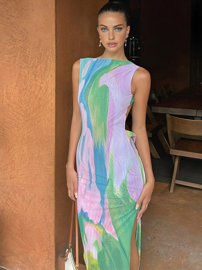 Isla | Ärmelloses Maxi-Kleid mit Wasserfarben-Print – Kunstvolle Eleganz