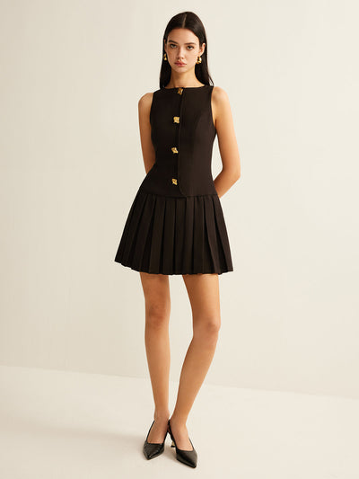 Elegantes Ärmelloses Mini-Kleid mit Falten und Metallknöpfen