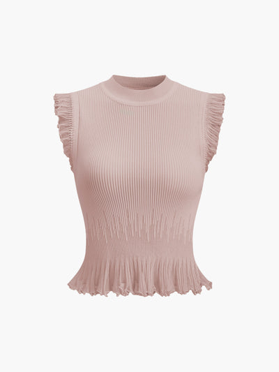 Rippstrick Crop Top mit Rüschen – Beige – Sommer Damen Oberteil