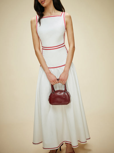 Damen Maxikleid aus Baumwolle mit Kontrastbesatz & Rückenschleife