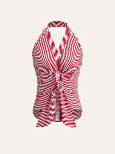 Gestreiftes Neckholder Top Damen – Sommer Crop Top mit V-Ausschnitt