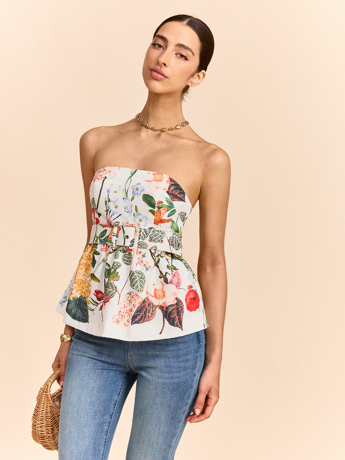 Schulterfreies Blumen-Peplum-Top mit Gürtel – Sommerbluse