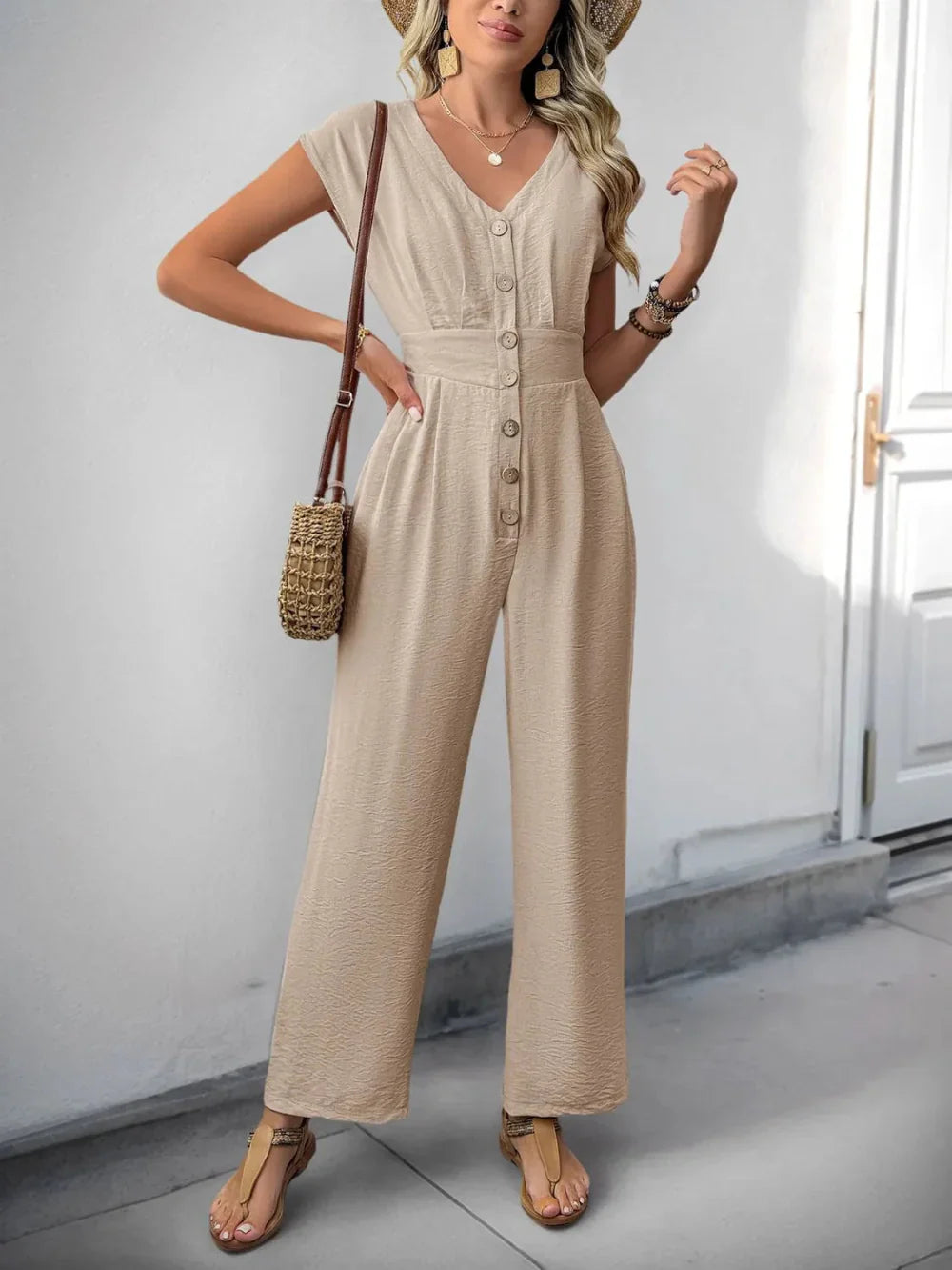 Bianca – Button Bloom Jumpsuit Damen Weites Bein Stilvoll