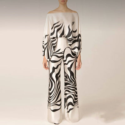 Elegantes Damen Zweiteiliges Satin-Set – Off-Shoulder Top & Weite Hose