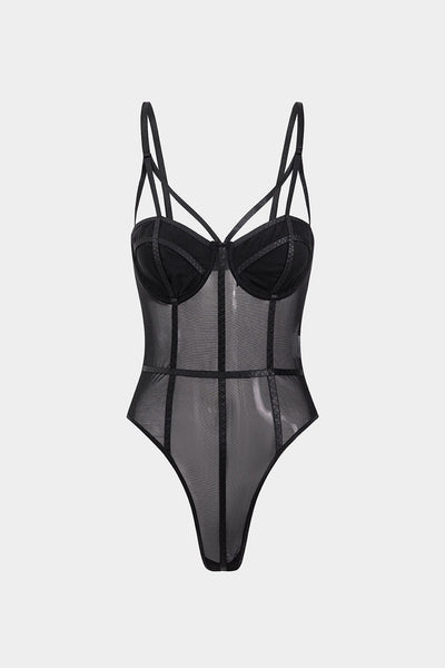 Daisy | Spaghettiträgern Schwarz Verführerischer Mesh-Body mit Bügel-Cups