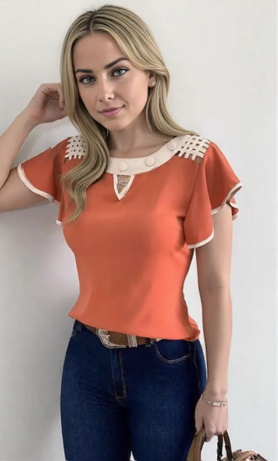 Carina – Damenoberteil Gekräuselte Ärmel Elegant In Orange Weiß Schwarz