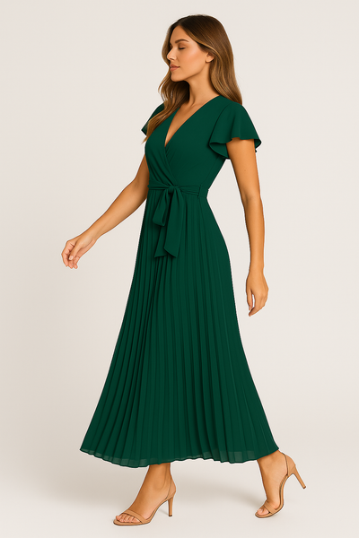 Celina – Chiffon Plissierte Maxi Wickelkleid mit Gürtel