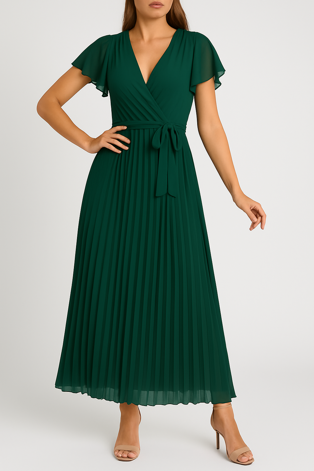 Celina – Chiffon-Falten-Maxikleid mit Wickeleffekt und Gürtel