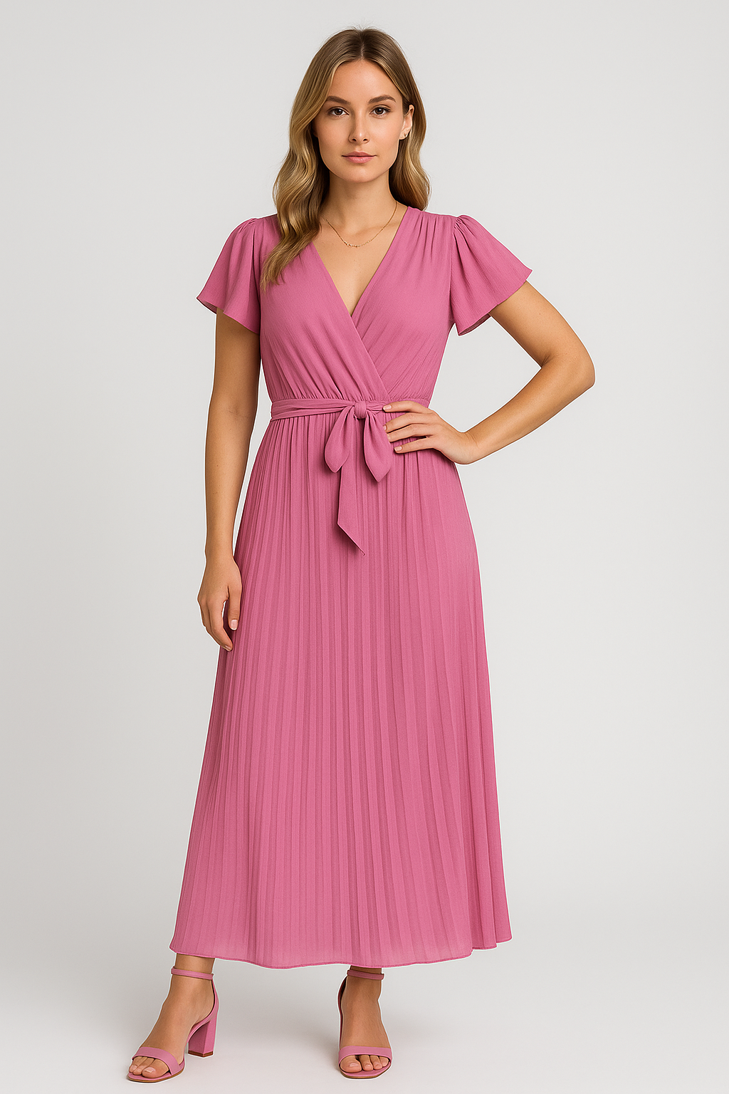 Celina – Chiffon Plissierte Maxi Wickelkleid mit Gürtel