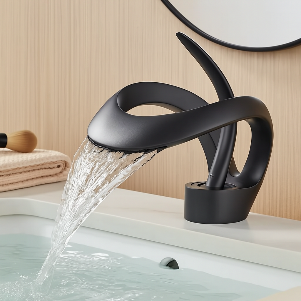 Moderner Wasserfall-Badezimmerhahn – Chrom-Einhebel-Waschtischhahn mit skulpturalem Design