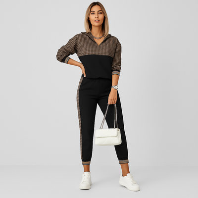 Schicker 2-teiliger Trainingsanzug für Damen – Kariertes Reißverschlussoberteil & schmal zulaufende Hose mit Seitenstreifen