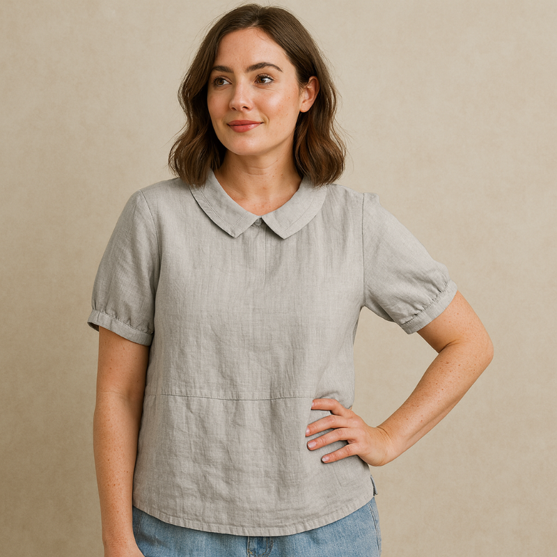 Damen Bluse Kurzarm mit Bubikragen