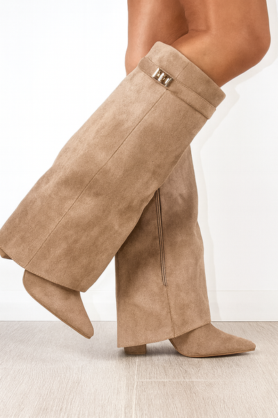 Kniehohe Damenstiefel mit Blockabsatz & Klappe – Veganleder & Wildleder