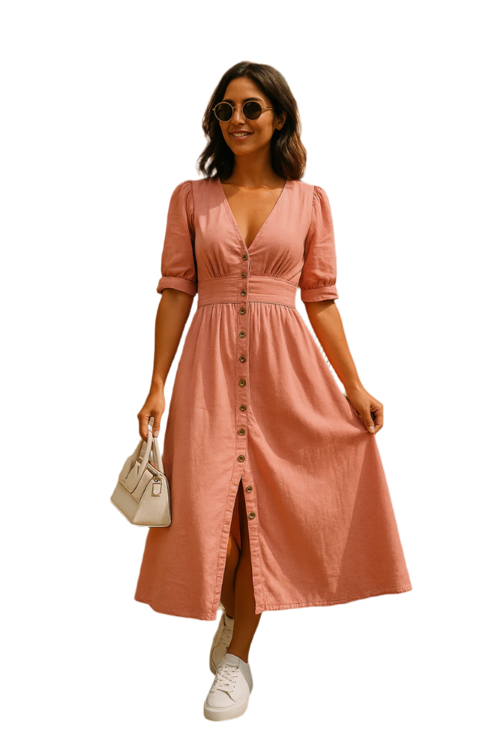 Solène Zeitgenössisches Langarmkleid mit Knöpfen