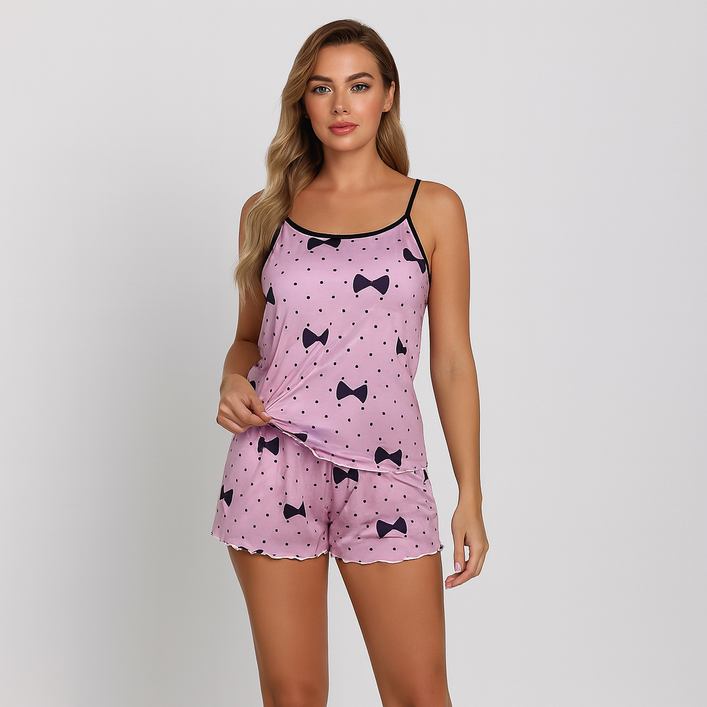 Damen-Pyjama-Set – Shorts & Top mit süßem schwarzen Herz-Print