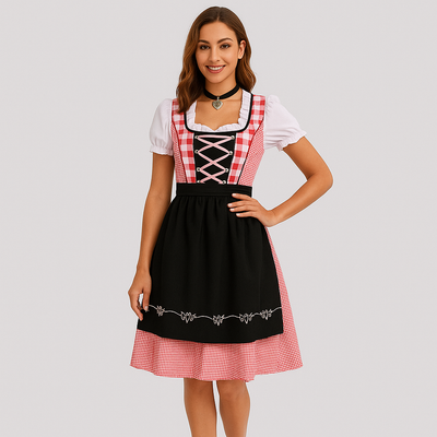 Bayerisches Dirndl Kleid – Rotes Karomuster im Biermädchen-Stil für Oktoberfest