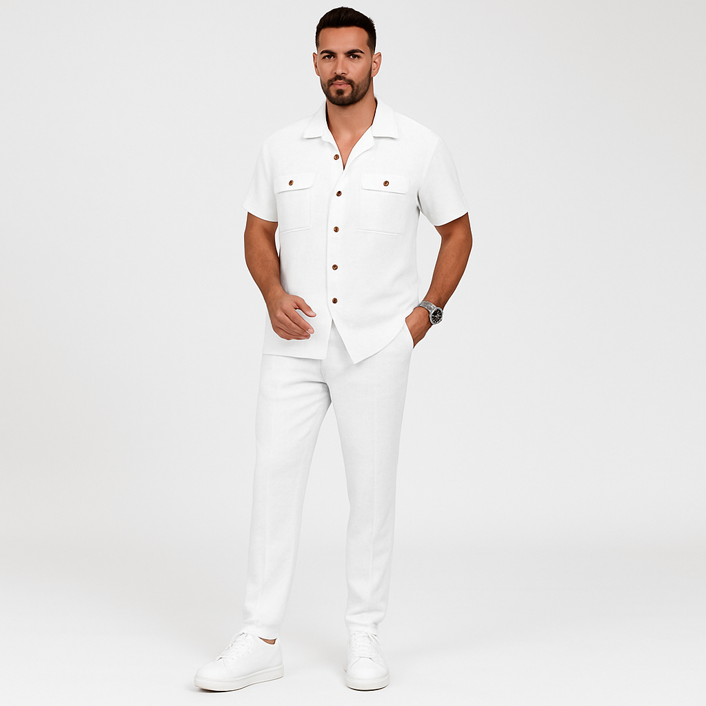 2-teiliges Sommer-Set für Herren – Lässiges Strandhemd mit Doppeltaschen und passende lange Hose