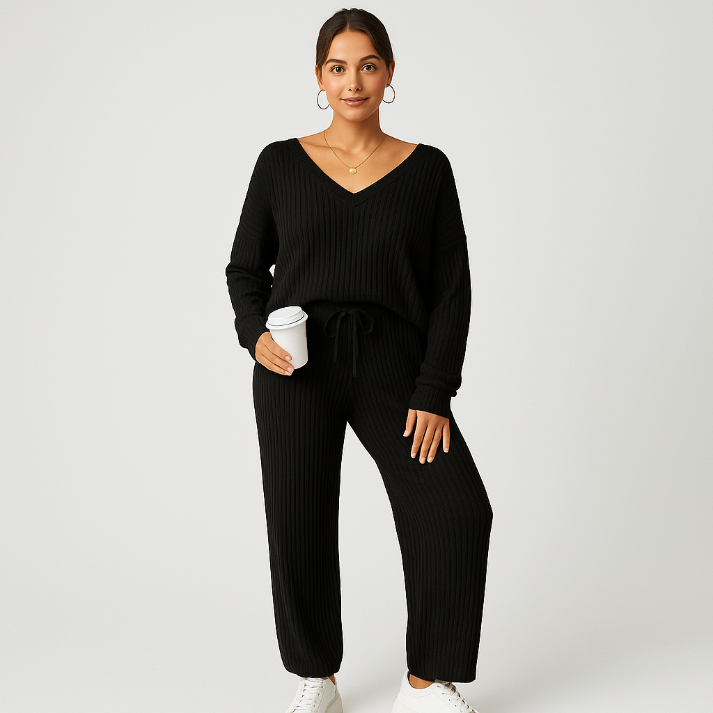 Damen Lounge-Set aus Rippstrick – Unifarbenes V-Ausschnitt-Top & Jogginghose mit Gummibund