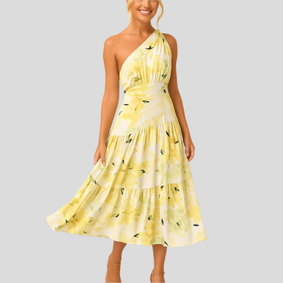 Maelle – Leichtes Midikleid mit Blumenmuster und einer Schulter für sonnige Tage