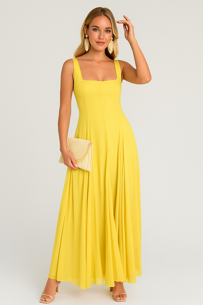 Elora Boho-Chic Lange Sommerkleid mit Trägern und quadrilliertem Halsausschnitt