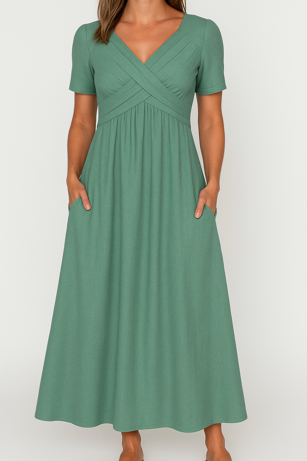 Briana - Elegantes Midi V-Ausschnitt Kleid mit Taschen