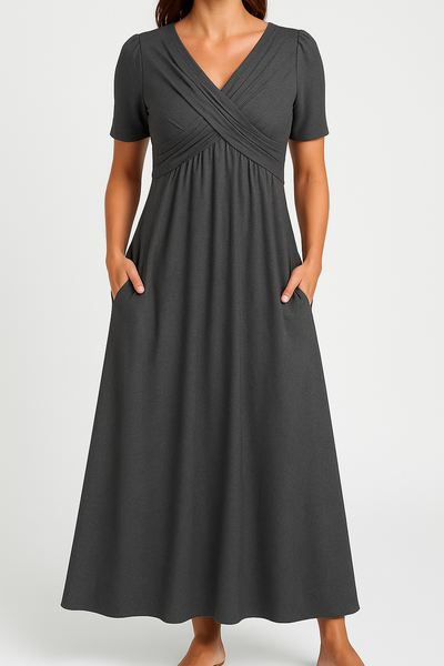 Briana - Elegantes Midi V-Ausschnitt Kleid mit Taschen