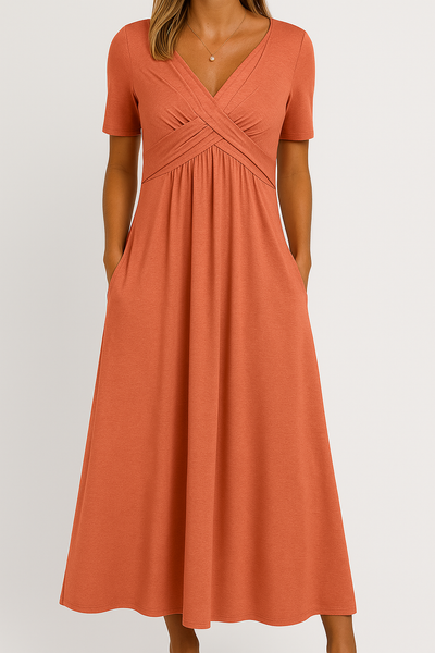 Briana - Elegantes Midi V-Ausschnitt Kleid mit Taschen