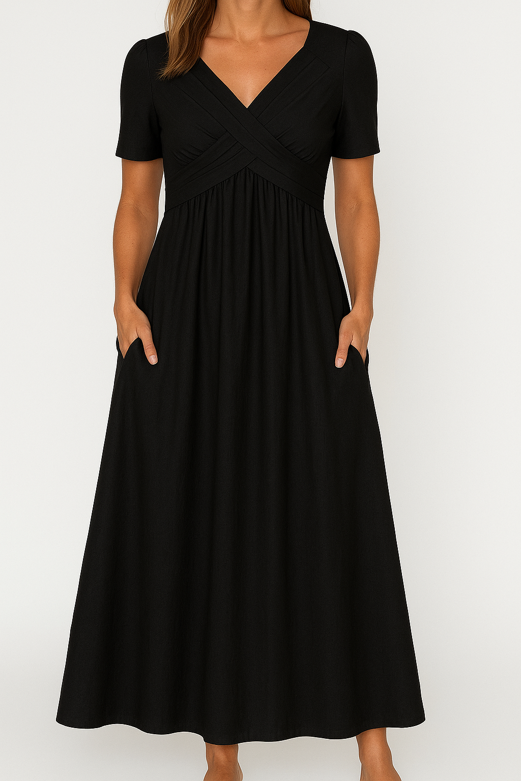Briana - Elegantes Midi V-Ausschnitt Kleid mit Taschen