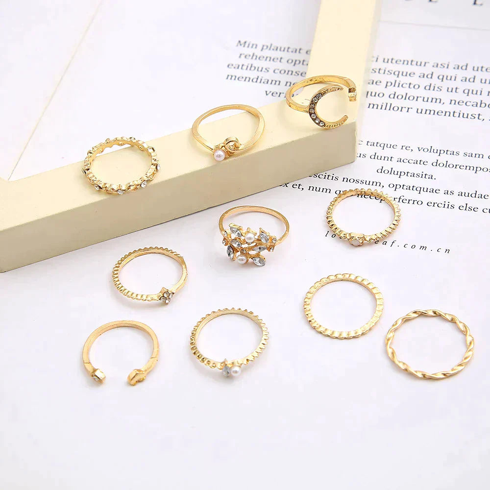 10-teilige Bohemische Ringen-Set – Silberne & Goldene Tinten