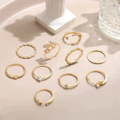 10-teilige Bohemische Ringen-Set – Silberne & Goldene Tinten