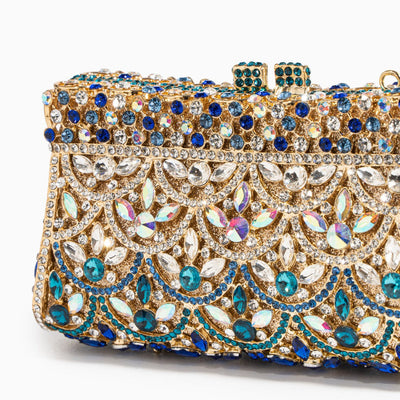 Aubrielle | Kristallverzierte Clutch in Gold-Blau mit funkelndem Strass & Ornamentmuster – Abendtasche für Damen