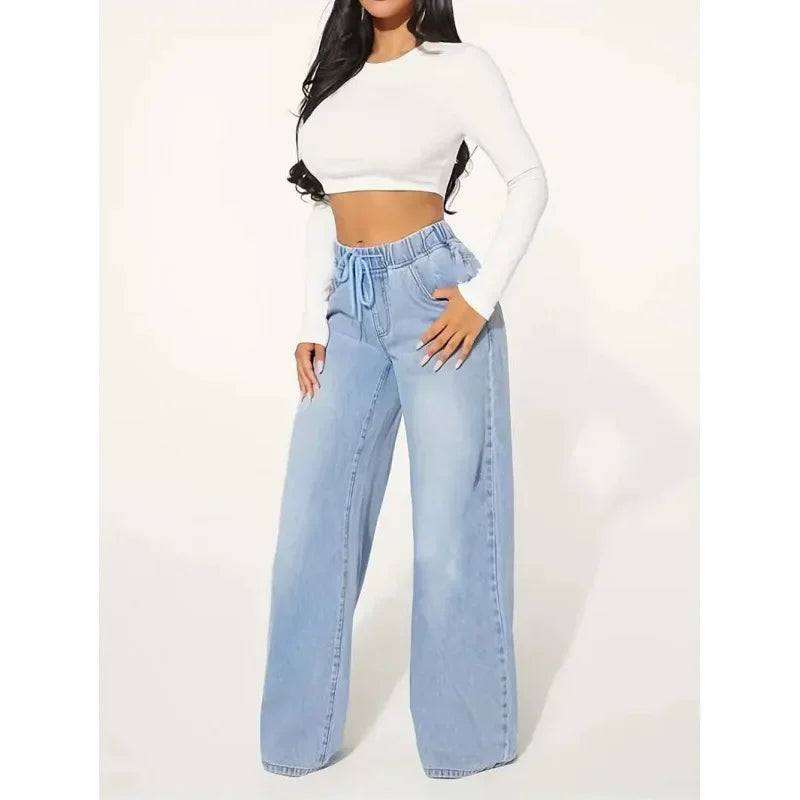 Damen Baggy Jeans Hoch Taille Denim Lässig