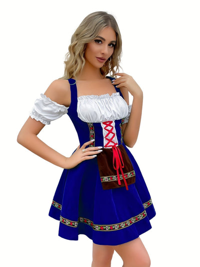 Damen Dirndl Kleid Baumwolle Schulterfrei Festlich Hochzeitsgast