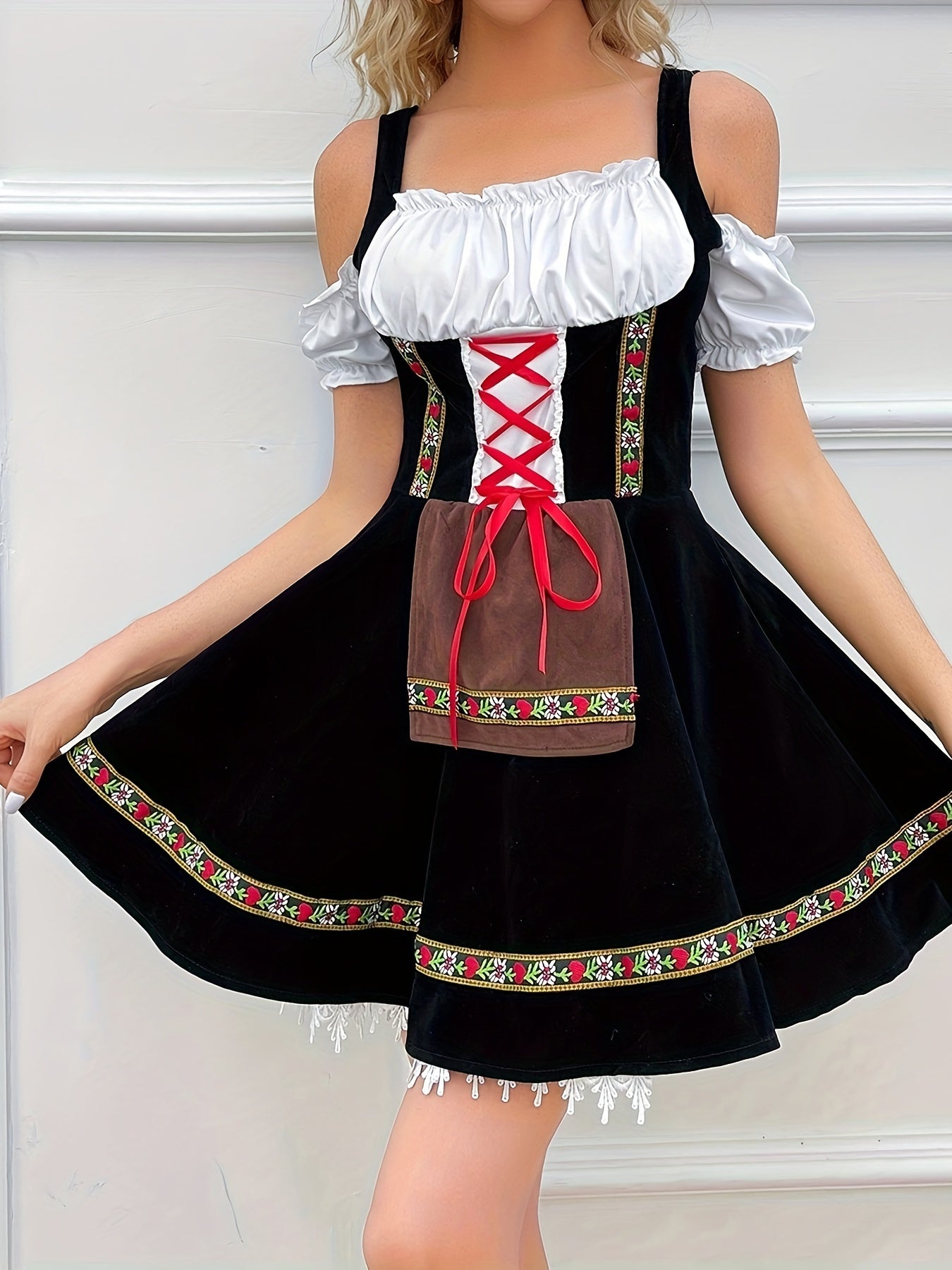 Damen Dirndl Kleid Schulterfrei Trachtenkleid mit Fließendem Rock für Oktoberfest
