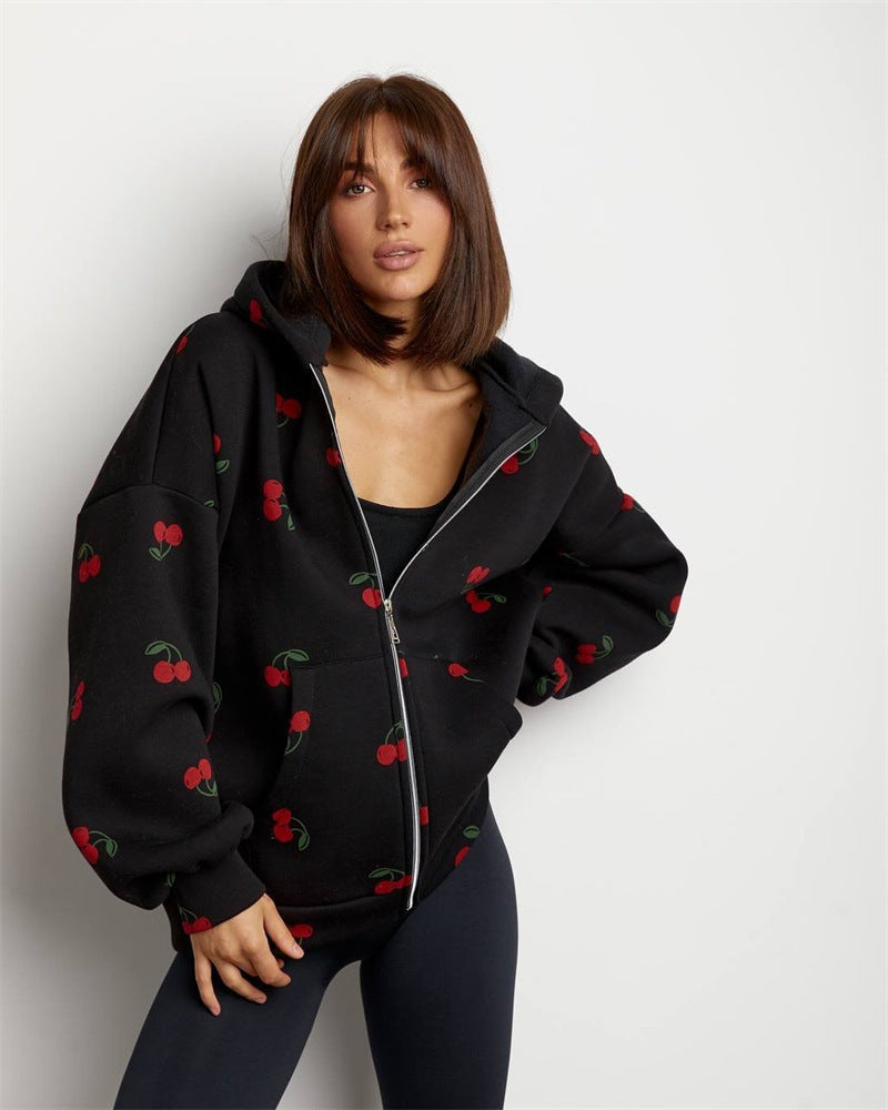 Damen Kapuzenpullover Hoodie mit Reißverschluss und Fruchtigem Print