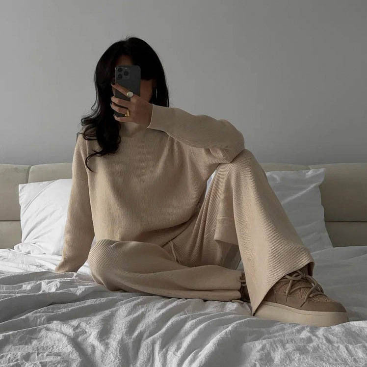 Damen Loungewear Set Strick Mit Hohem Kragen