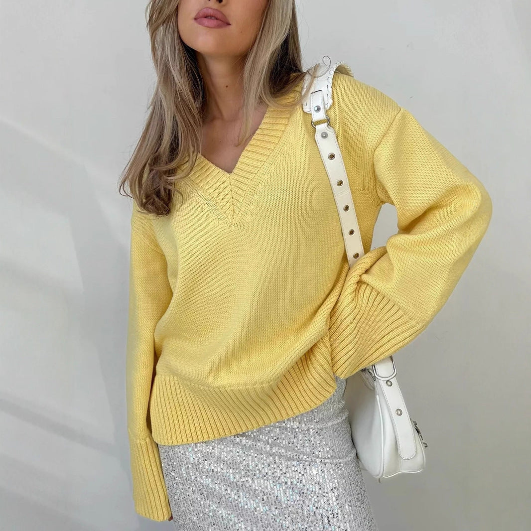 Damen Pullover V-Ausschnitt Baumwolle Lässig