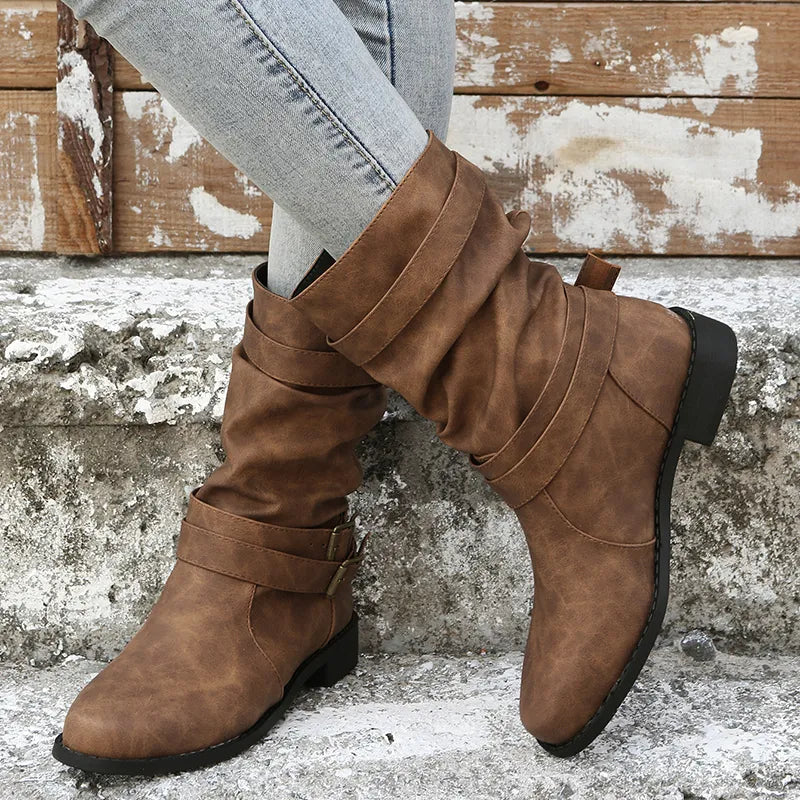 Damen Stiefel Mittlere Wadenhöhe mit Schnallendetails und Niedrigem Absatz