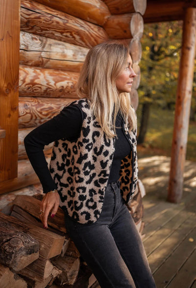 Damen Strickweste mit Leoparden-Print und Knopfverschluss