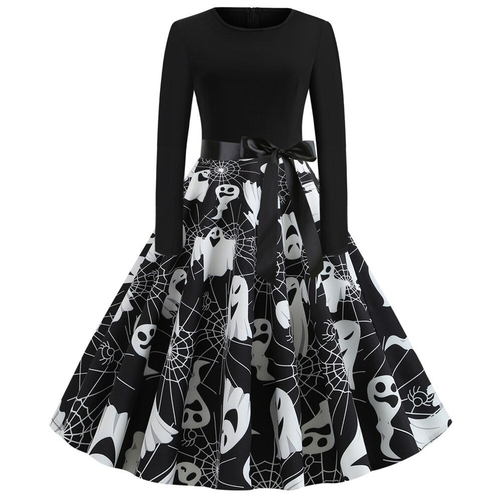 Damen Halloween-Kleid mit Print | Langarm & Ausgestellter Schnitt