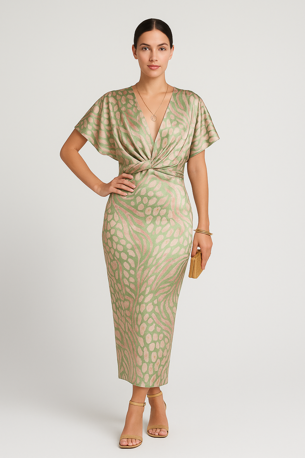 Elurea – Elegantes Bedrucktes Kleid mit V-Ausschnitt und Faltendetail