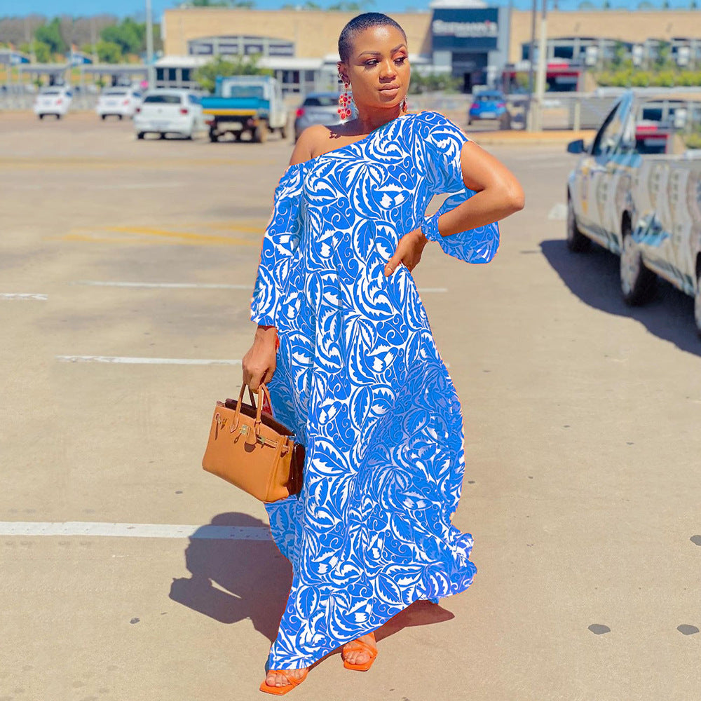 Erica- Damen Maxikleid mit asymmetrischem Design und Muster