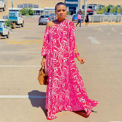 Erica- Damen Maxikleid mit asymmetrischem Design und Muster