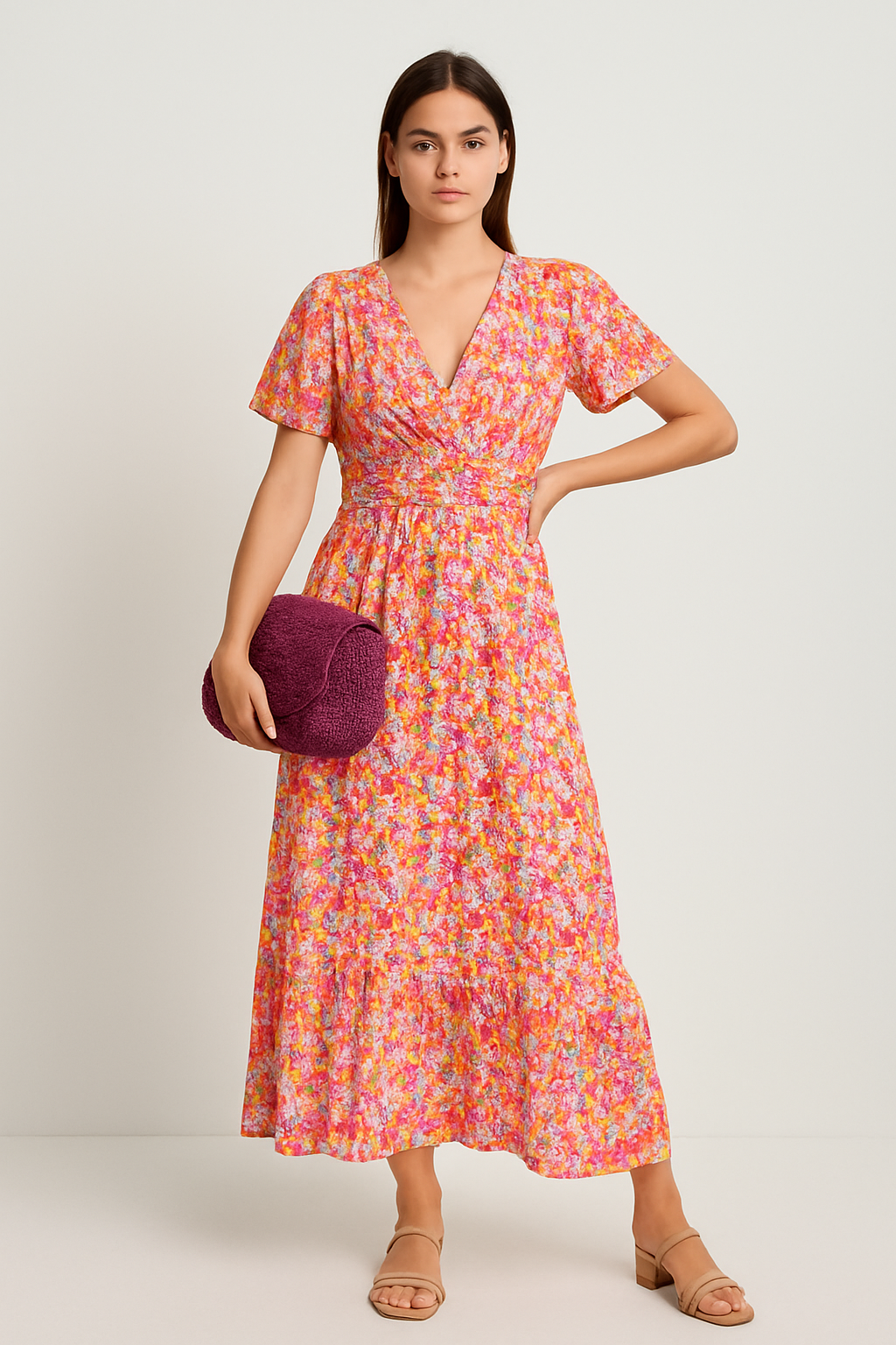 Floriva – Maxi-Kleid mit Blumenmuster und elegantem V-Ausschnitt