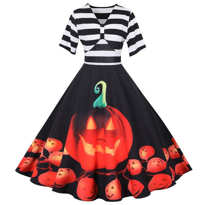 Damen Halloween-Kleid mit Kürbis-Print | Gestreiftes Oberteil & Midi-Länge