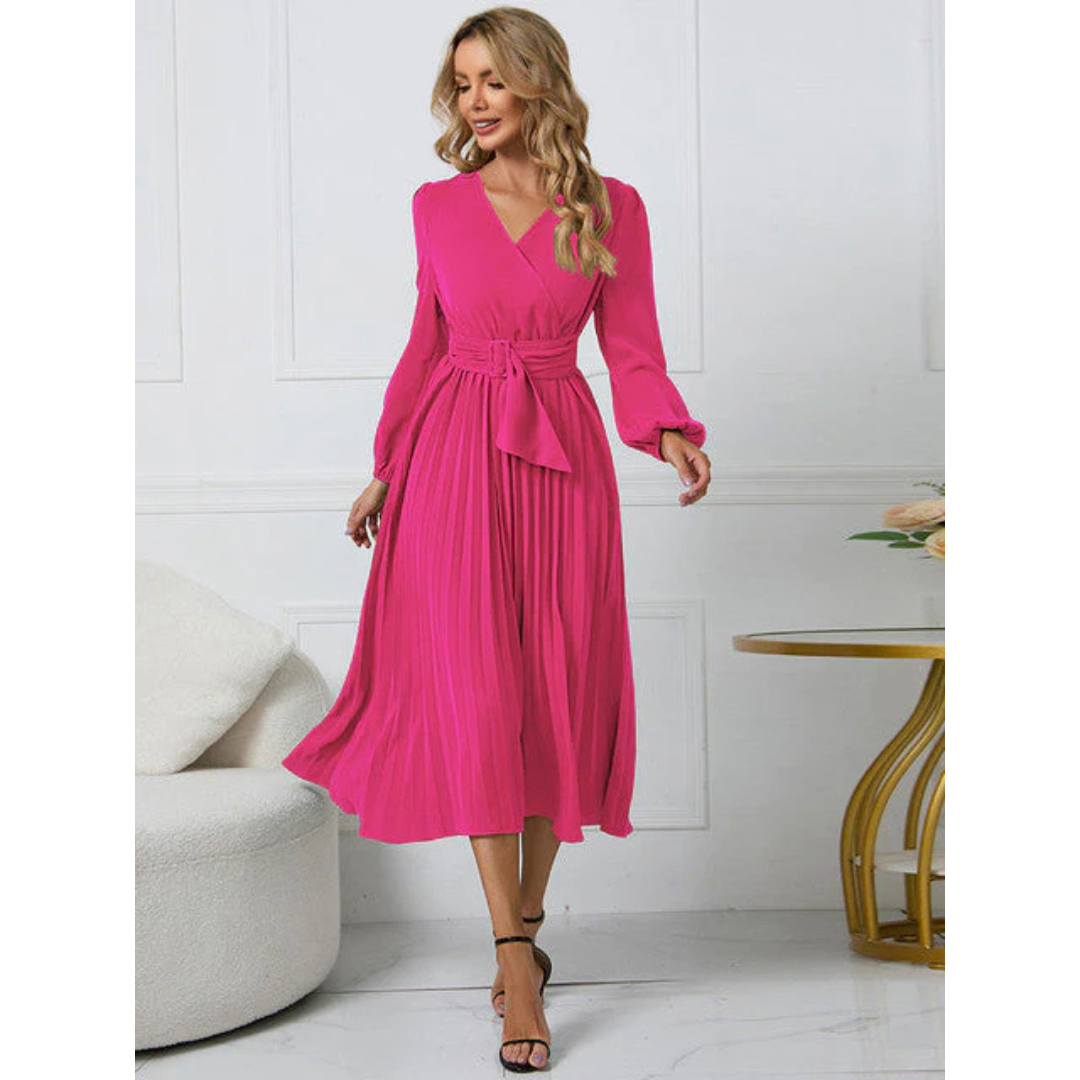 Fritzi - Damen Faltenrock Gürtel Taille V-Ausschnitt Kleid