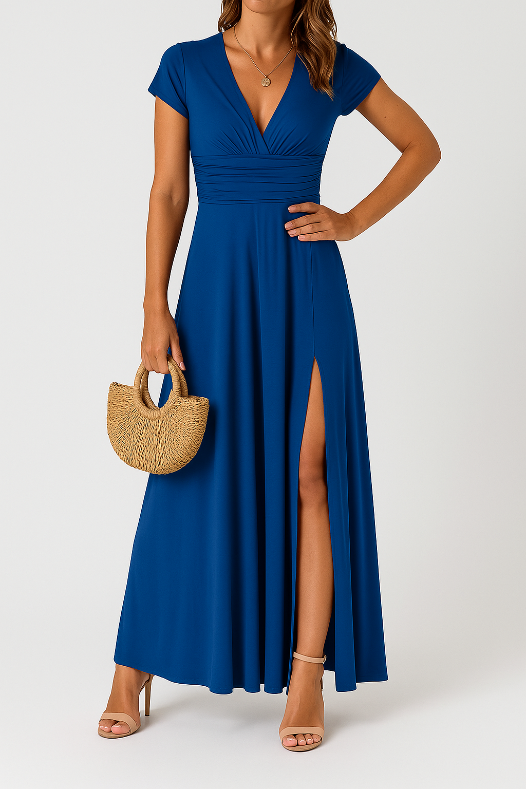 Giulia – Elegantes Langes Kleid mit V-Ausschnitt und Hoher Taille